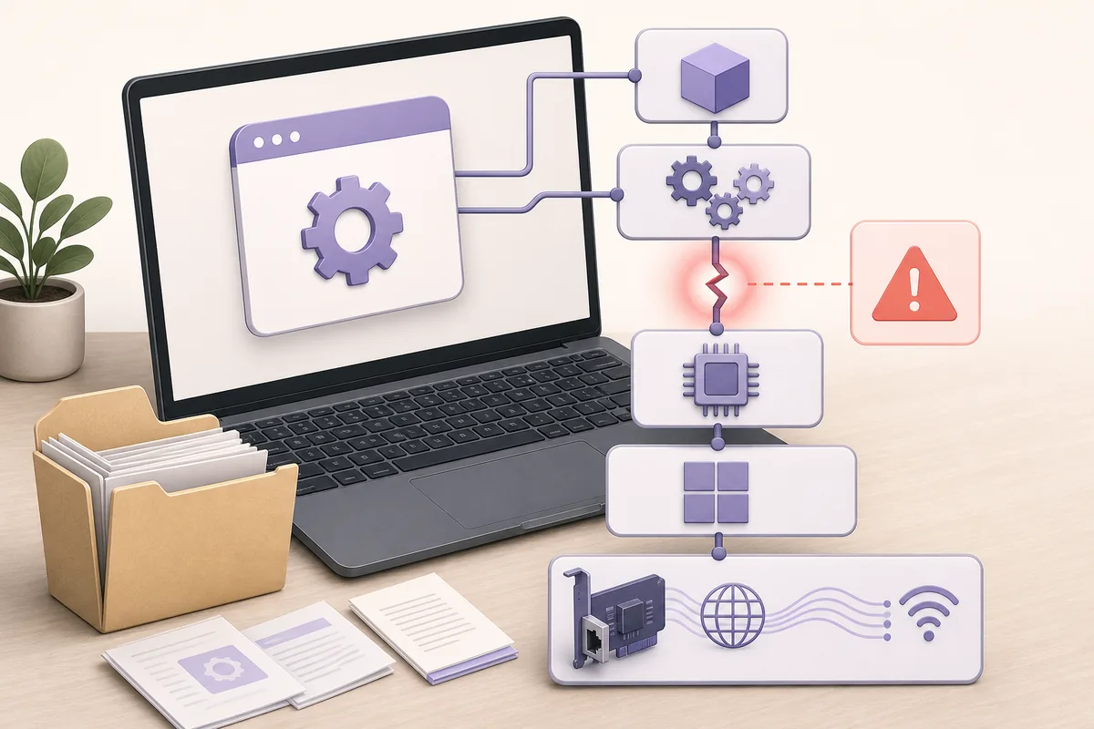 Editorial illustration of the Clumsy startup dependency chain breaking before the Windows network driver loads