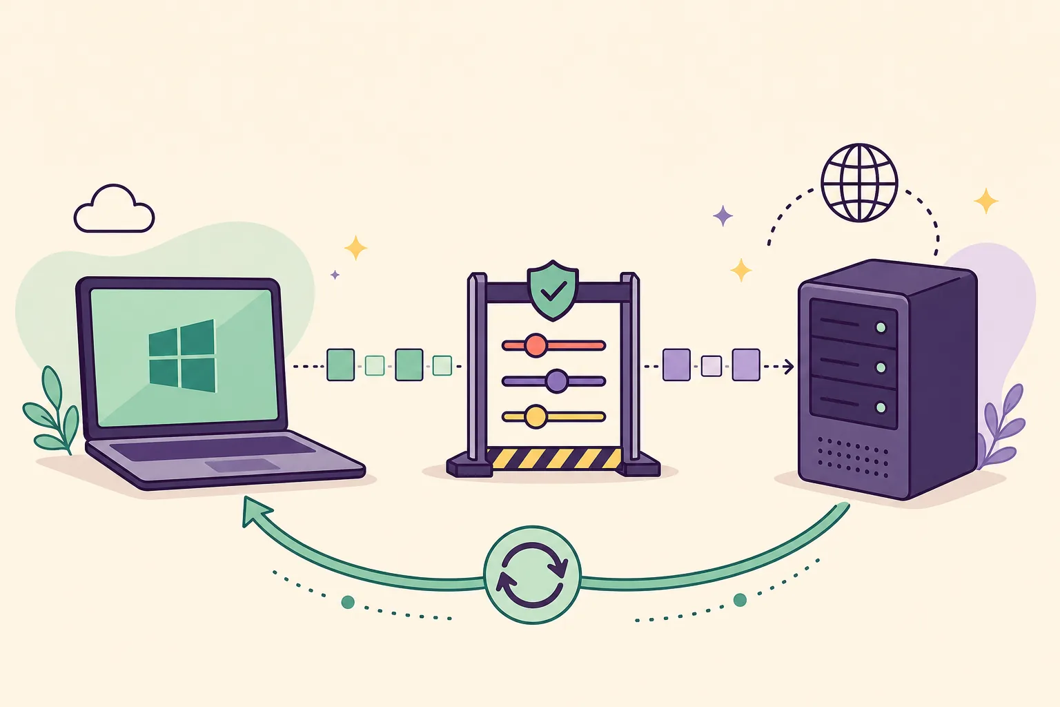 Editorial diagram of a controlled Windows network test and recovery loop