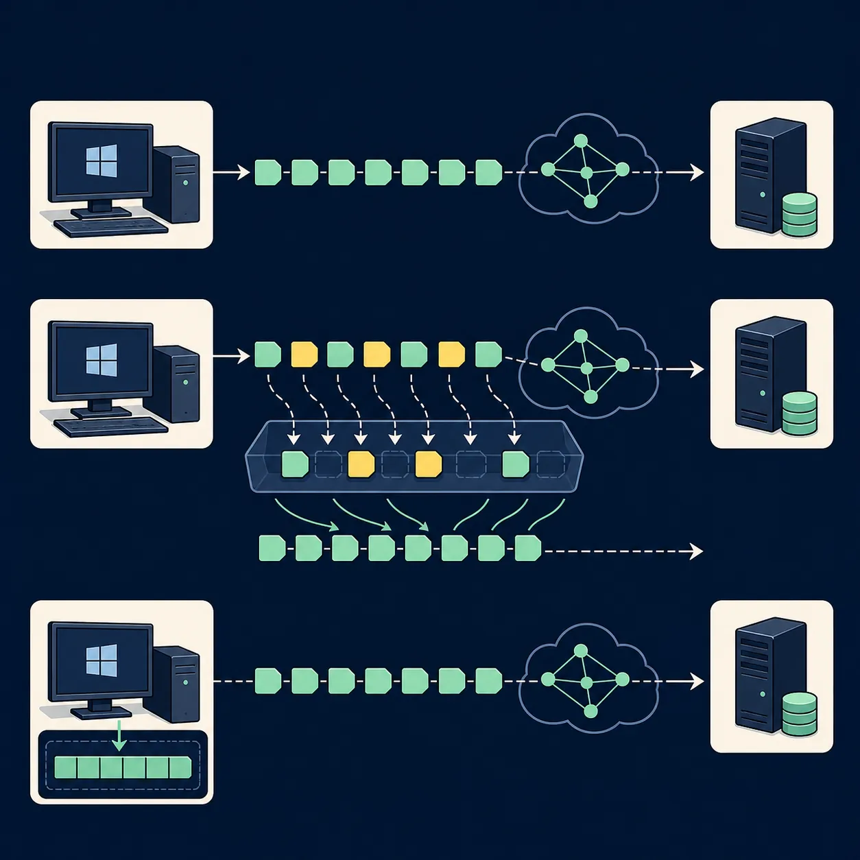 Editorial diagram showing packets arriving out of sequence, entering a buffer and being reassembled