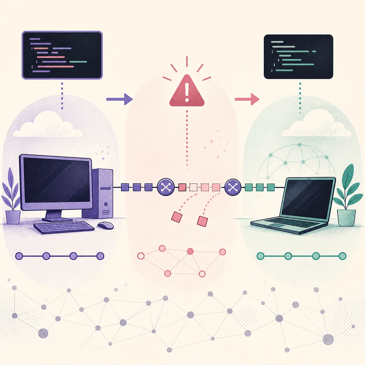 Editorial concept illustration showing a baseline network, dropped packets and a recovery check